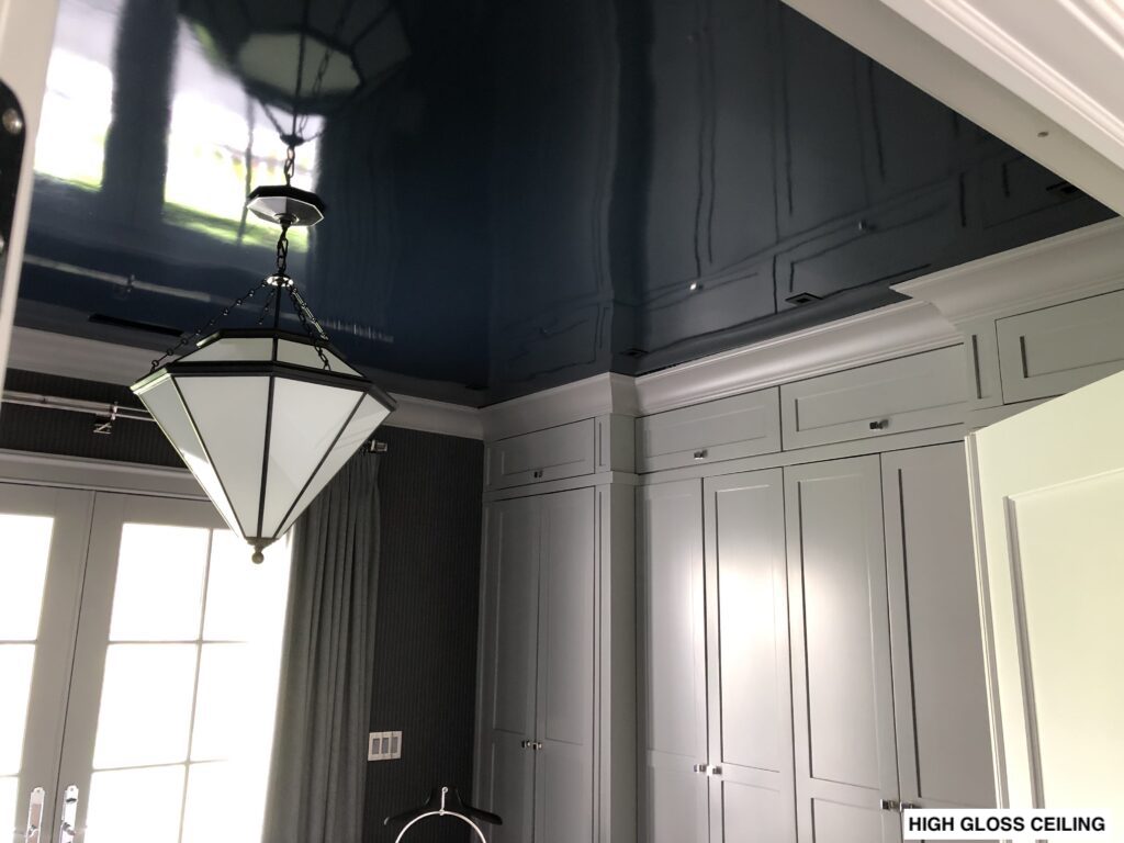 High gloss ceiling painting project in New Canaan CT with reflective lacquered ceiling finish