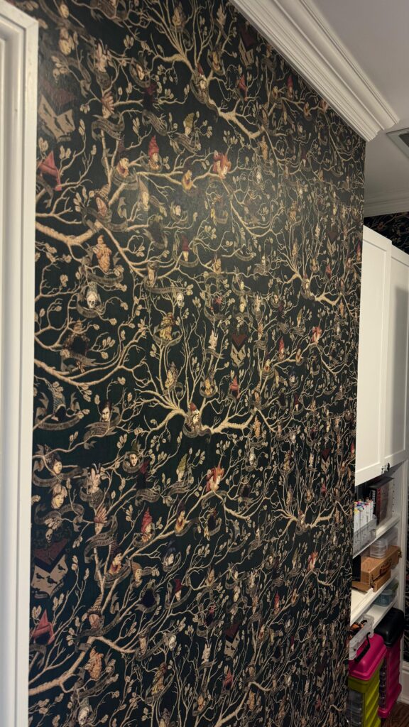 Wallpaper installation project in Westport CT with a dramatic dark accent wall