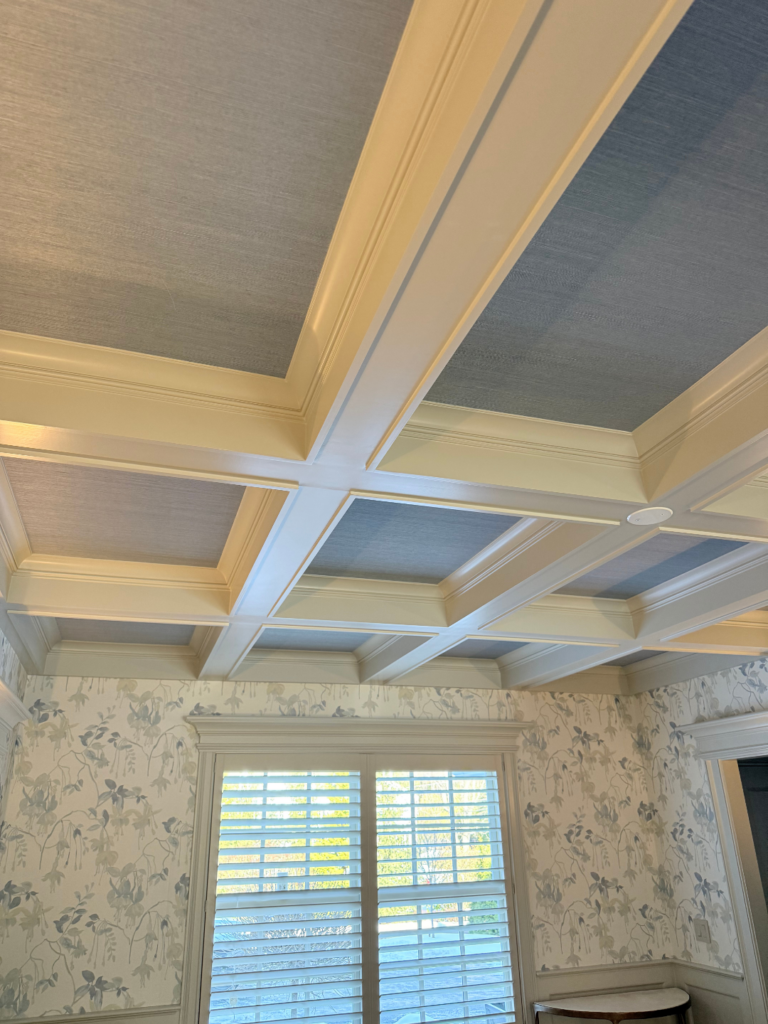 Interior ceiling painting project in New Canaan CT with refined coffered ceiling contrast