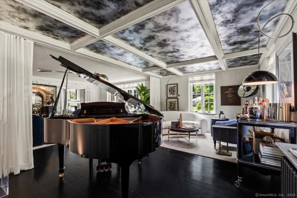 Interior painting project in New Canaan CT with decorative coffered ceiling and room update