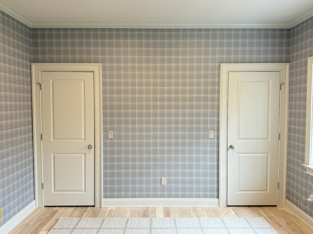 Interior painting project in New Canaan CT with plaid wall treatment and guest-room finish