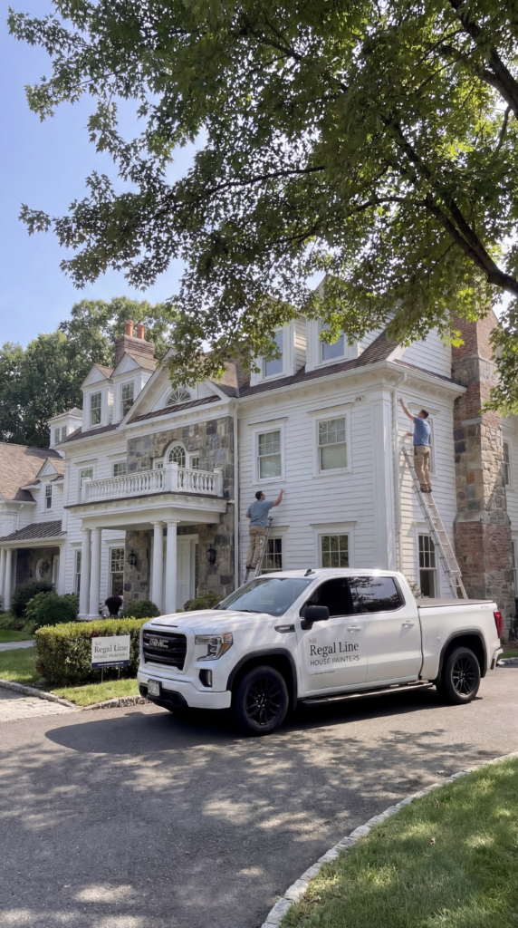 Regal Line service truck parked outside a large home while painters work on the exterior on mobile