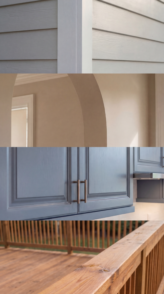 Composite mobile hero image showing siding, interior wall, cabinet finish, and deck surface details