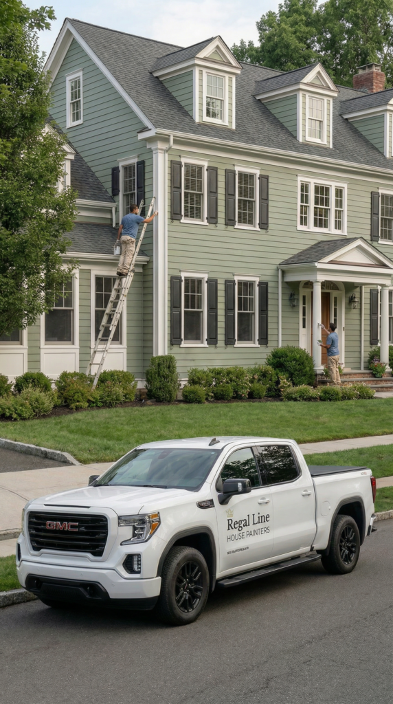 Close mobile view of Regal Line truck and crew setup outside a Darien home