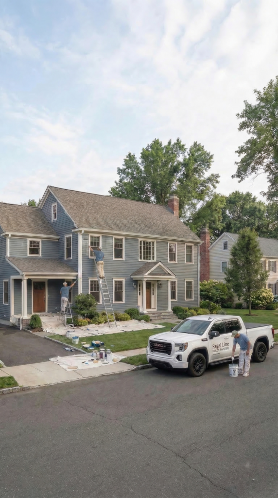 Close mobile view of Regal Line truck and crew setup outside a Norwalk home