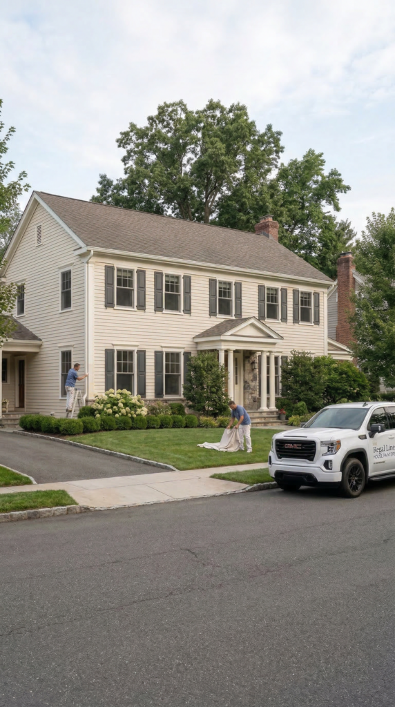 Close mobile crop of truck and crew setup outside a Mount Kisco home