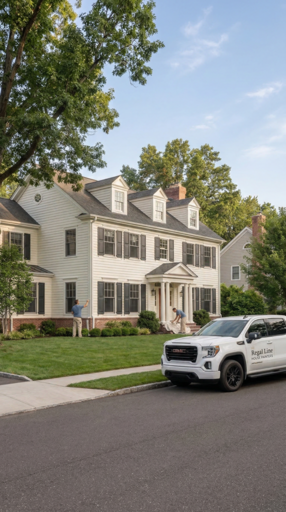 Close mobile view of Regal Line truck and crew setup outside a Ridgefield home