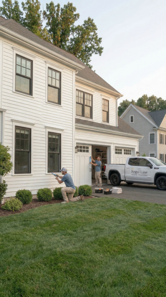 Close mobile view of Regal Line truck and crew setup outside a Shelton home