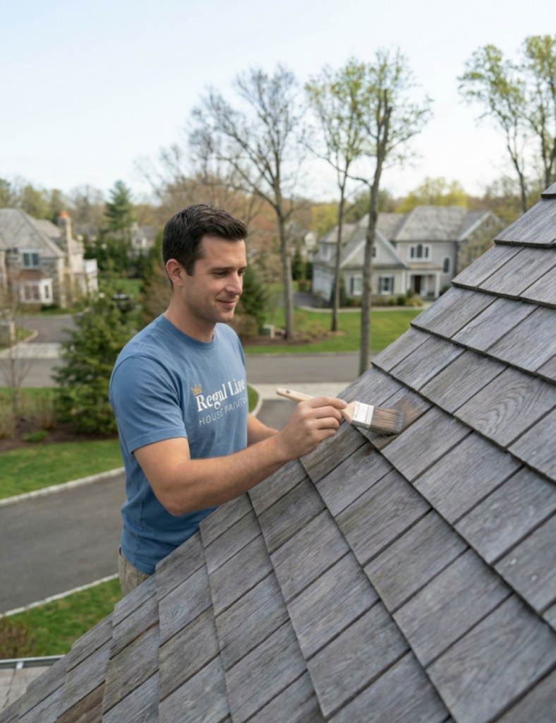 Technician applying treatment to cedar roof shingles on a residential roof slope