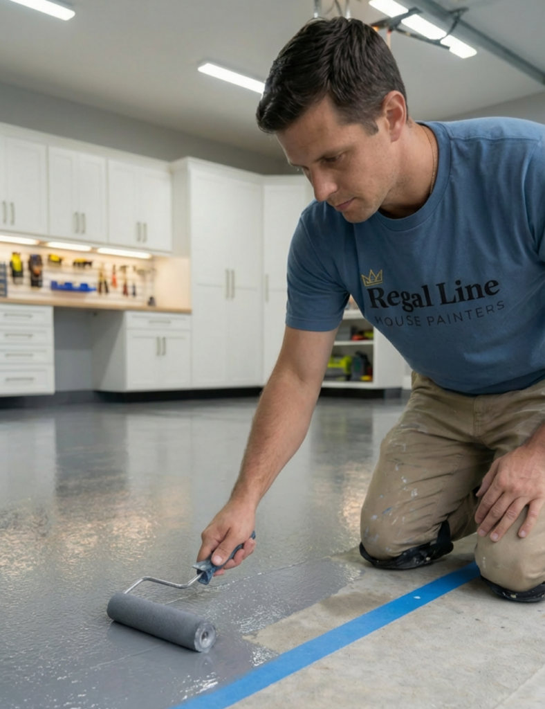 Technician applying epoxy coating on a prepared concrete floor surface
