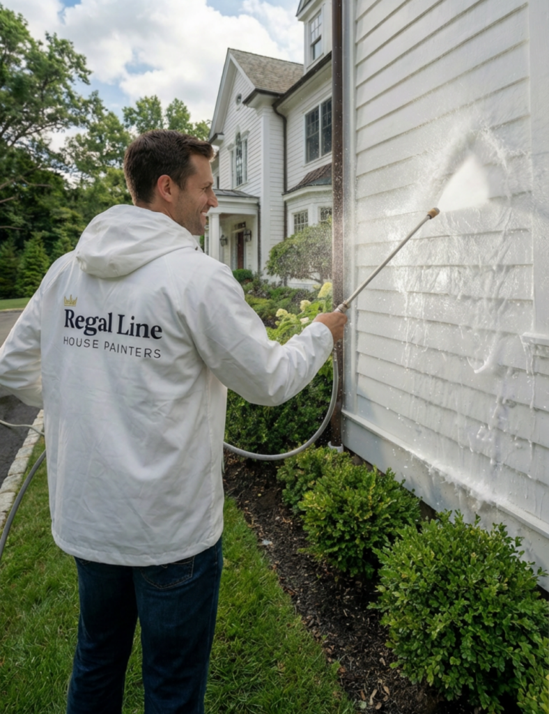 Technician pressure washing house siding beside foundation planting bed