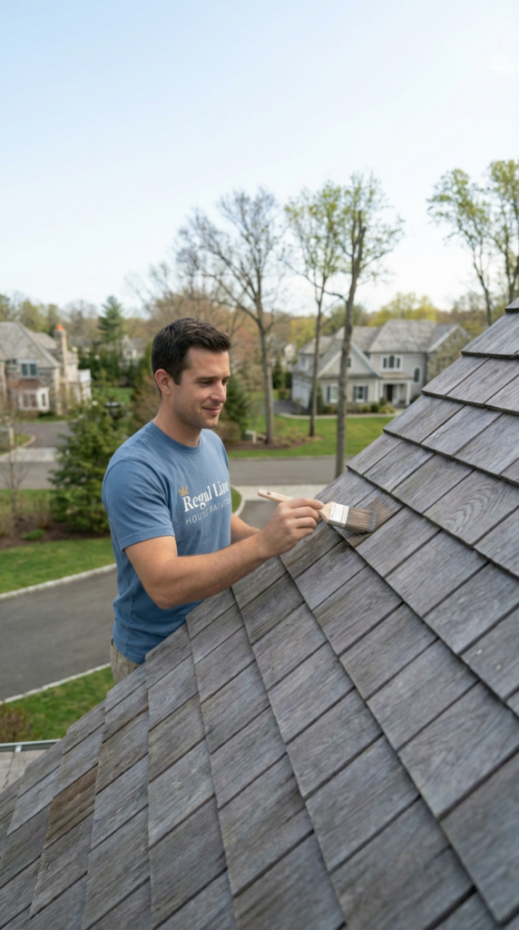 Technician applying treatment to cedar roof shingles on a Norwalk home