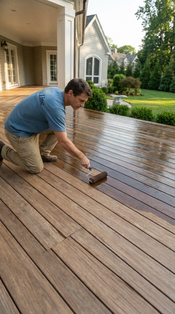 Technician applying stain across a wood deck on a Fairfield County property