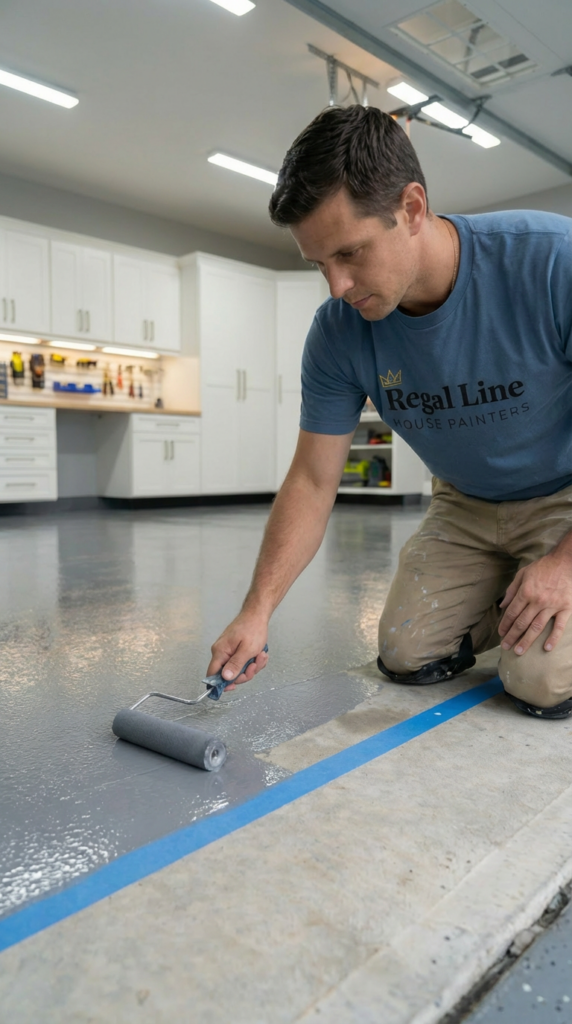 Installer applying epoxy coating on a concrete floor in a Norwalk garage
