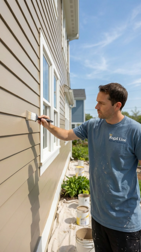 Painter applying exterior coating to siding on a Norwalk home