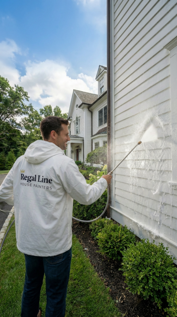 Technician power washing residential siding on a Norwalk home